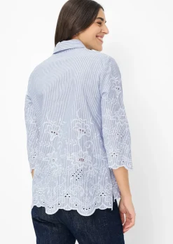 Baumwollbluse mit Streifen und Blütenstickerei