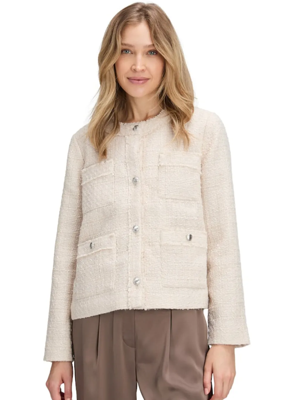 Edle Bouclé-Jacke mit Fransenkante
