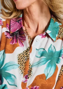 Hemdblusenkleid mit Leo Print und Blumen