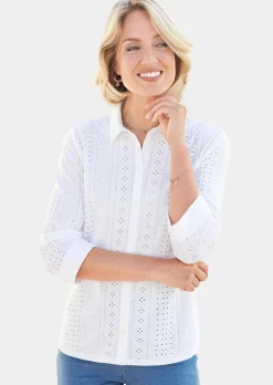 Hemdkragenbluse aus feiner Spitze mit Elasthan