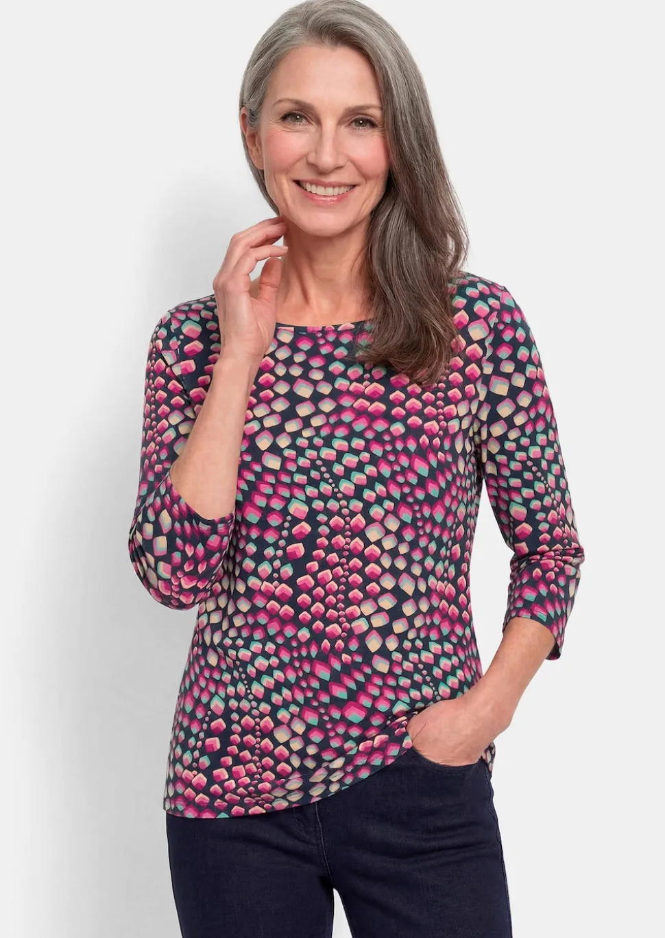Jersey-Shirt mit U-Boot-Ausschnitt und 3/4-Arm
