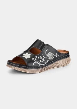 Leder-Pantoletten mit Blumenmuster