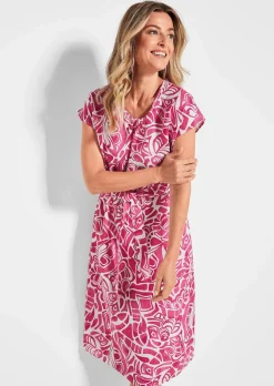 Leinenkleid mit Alloverdruck & Bindegürtel