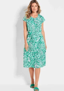 Leinenkleid mit Alloverdruck & Bindegürtel