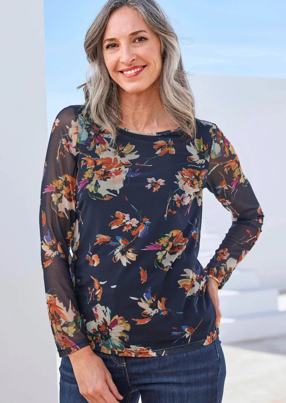 Mesh-Shirt im floralem Druck
