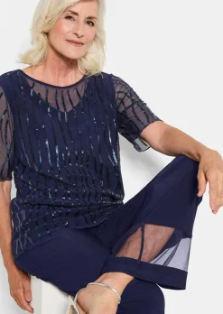 Mit funkelnden Pailletten besetztes Mesh-Shirt