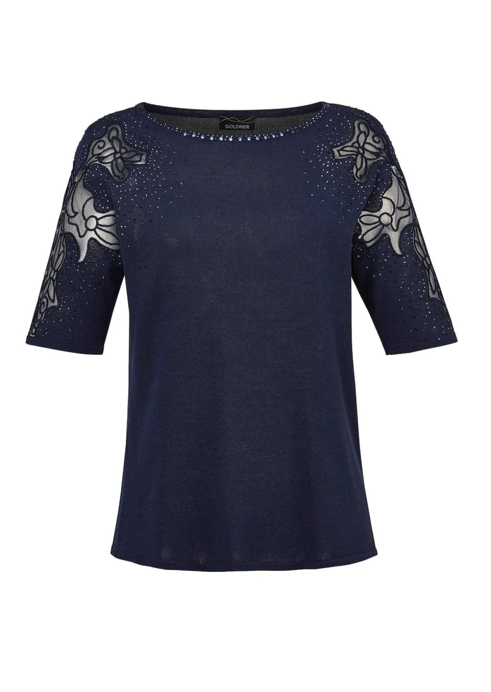 Pullover mit Spitzeneinsätzen und Glanzsteinchen