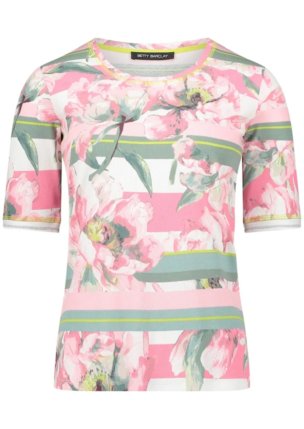Rippenshirt mit Blüten und Streifen