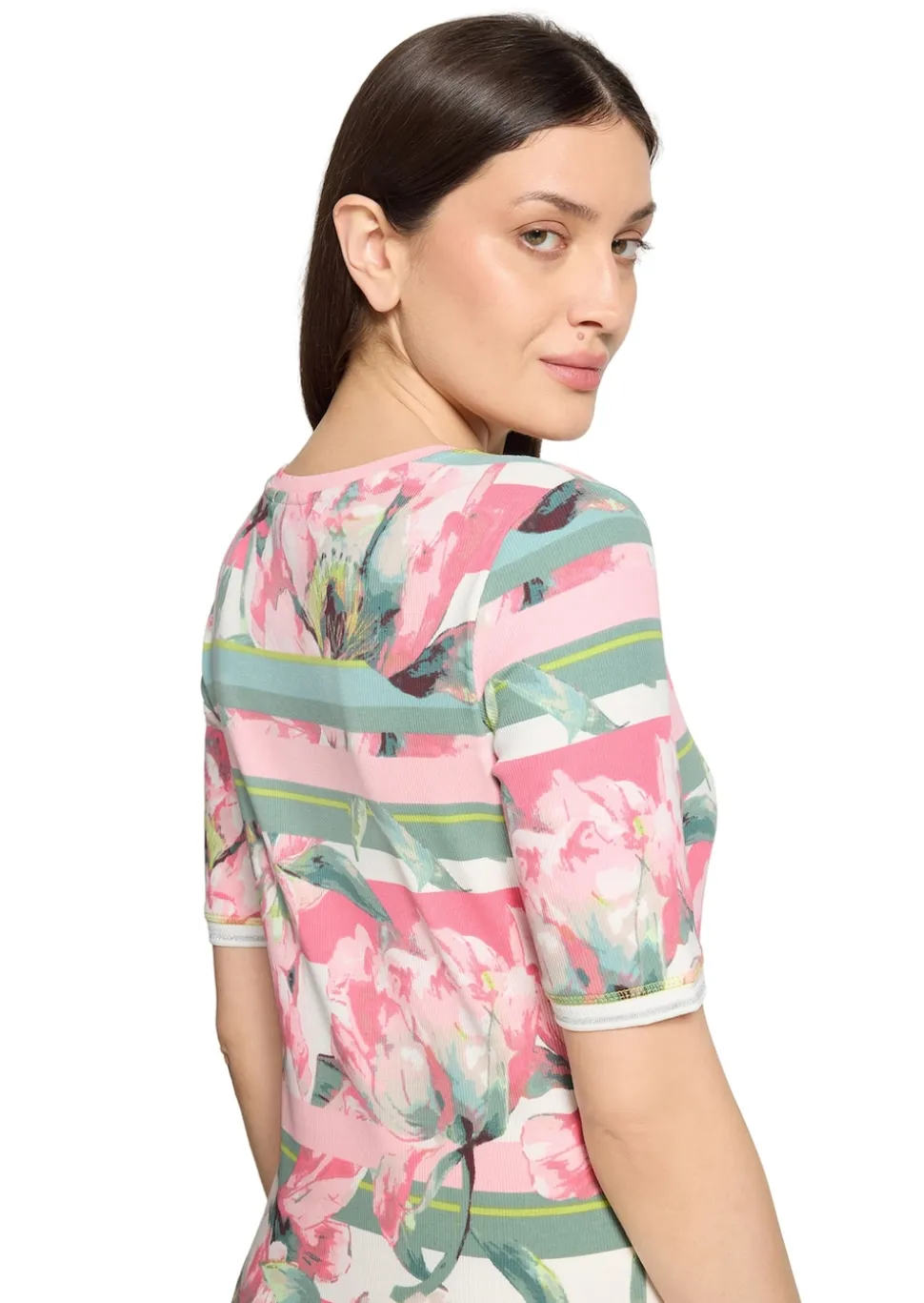 Rippenshirt mit Blüten und Streifen