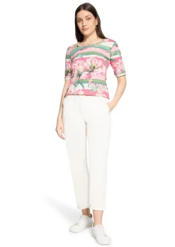 Rippenshirt mit Blüten und Streifen