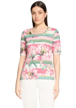 Rippenshirt mit Blüten und Streifen