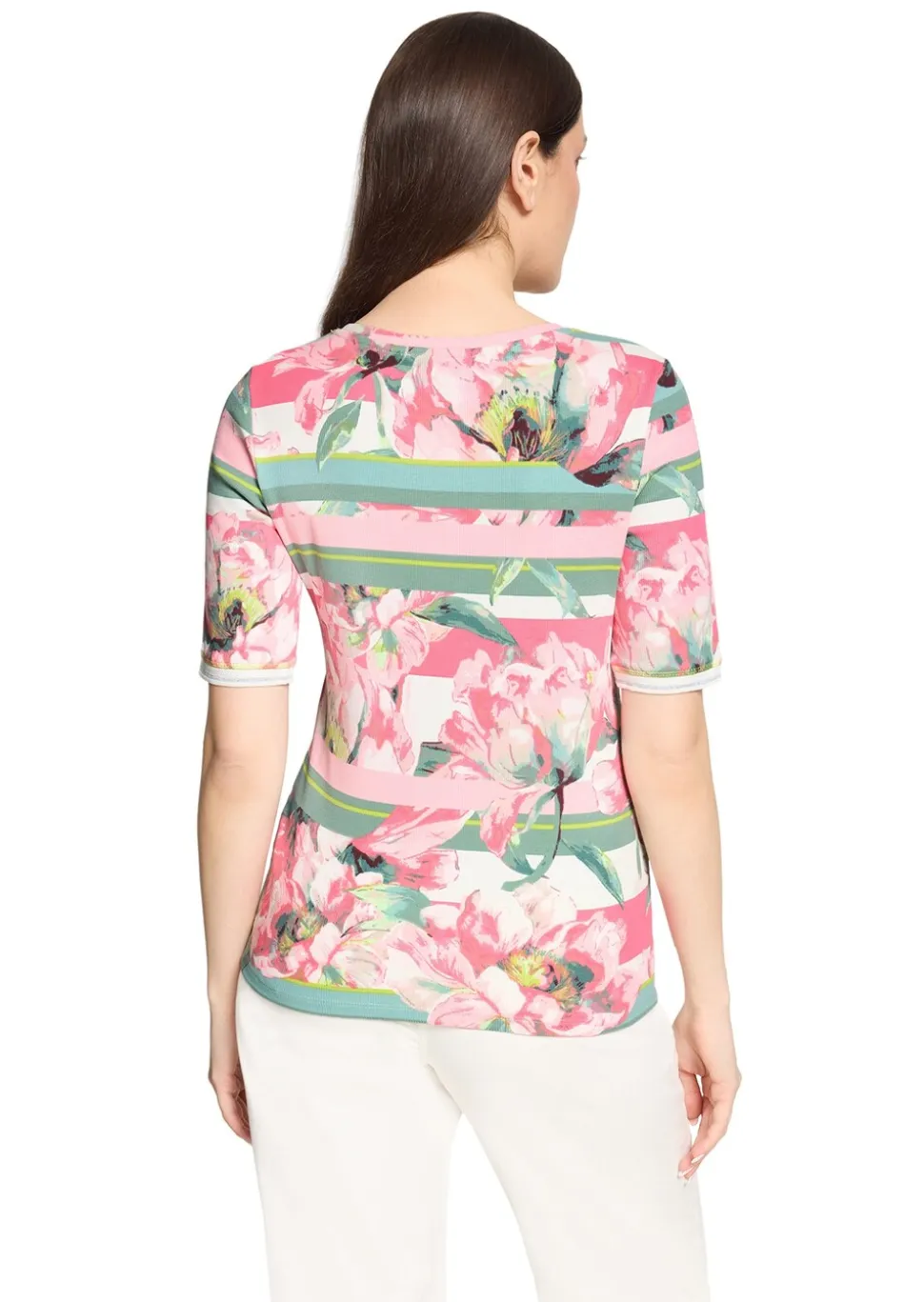 Rippenshirt mit Blüten und Streifen