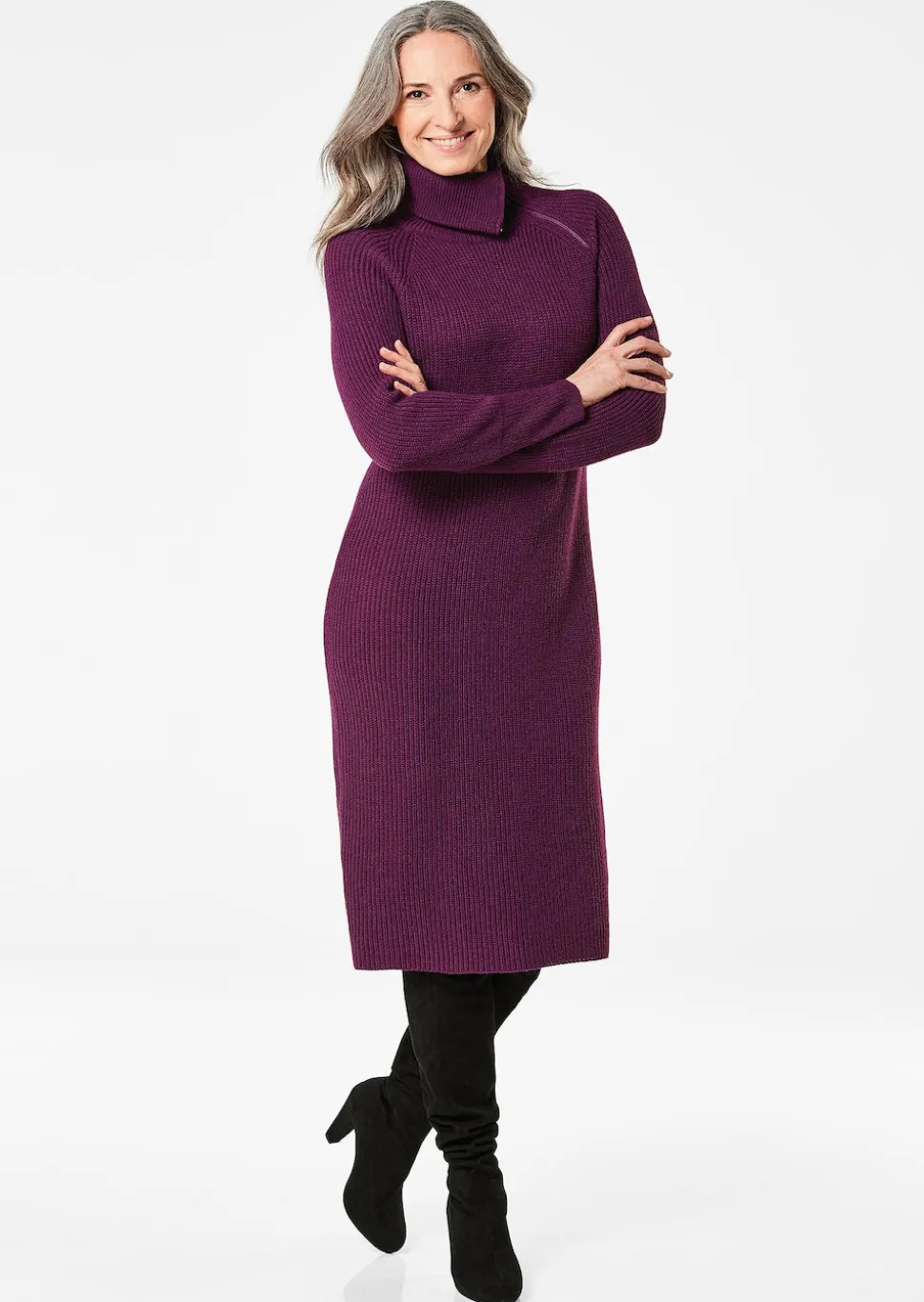 Strickkleid mit raffiniertem asymmetrischem Kragen