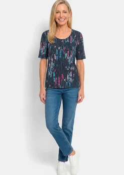 Viskoseshirt mit Blüten und Längsstreifen