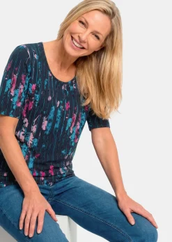 Viskoseshirt mit Blüten und Längsstreifen